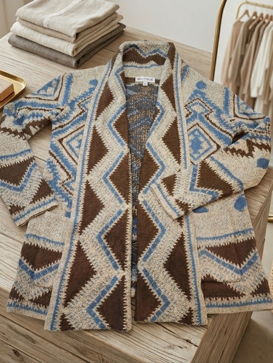 Woven Heart Sweaters - Sea Folklore Aztec-Patterned Open Cardigan in Brown Blue Chunky Medium Southwest